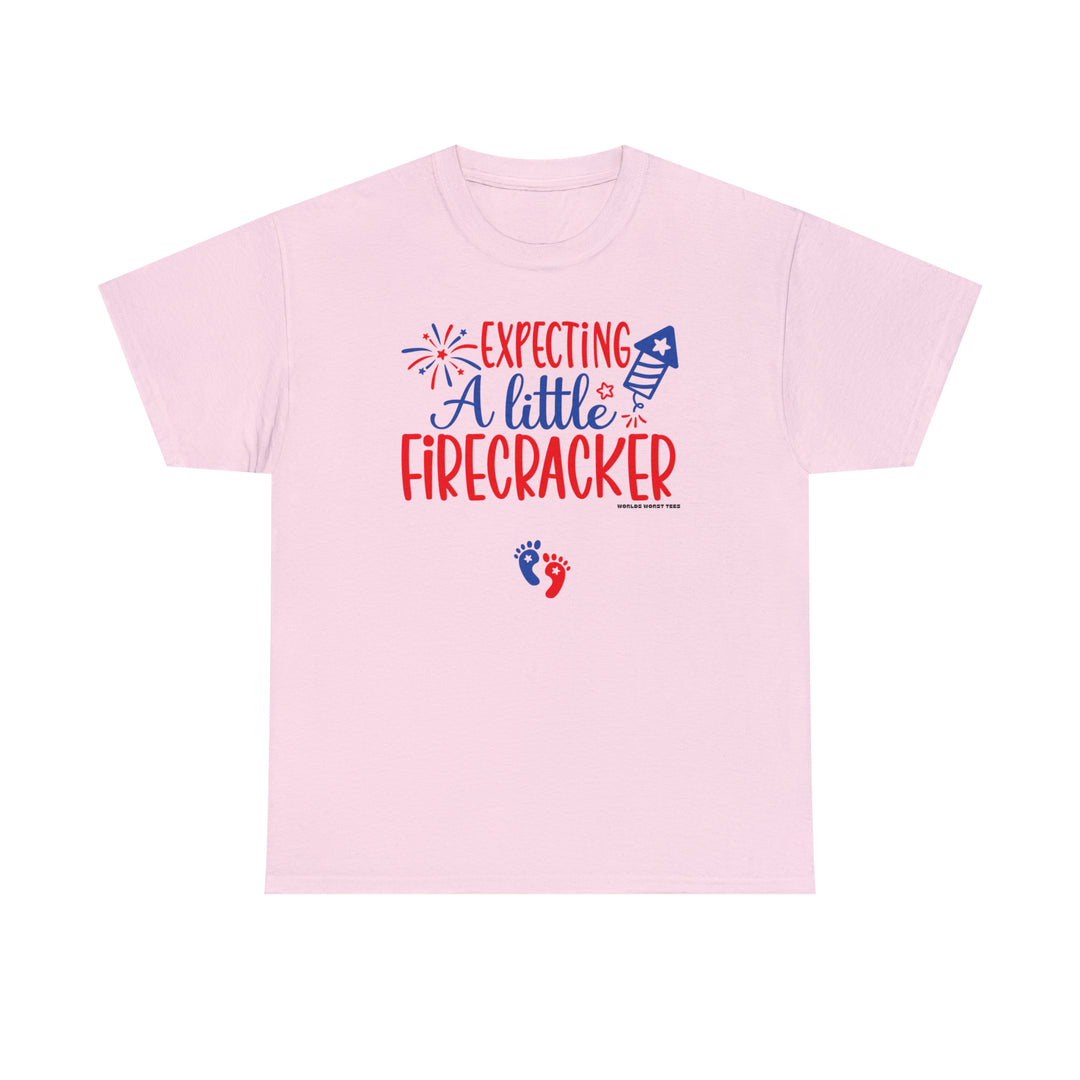 Unisex Expecting a Little Firecracker Tee, pink shirt with red and blue text. Classic fit, ribbed knit collar, medium weight fabric. Sizes S-5XL. Ideal for casual fashion.