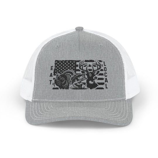 Eat Local Snapback Trucker Cap features a gray-and-white design with a distressed American-flag motif, silhouettes of turkey, fish, deer, and EAT LOCAL text.