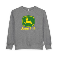 Heather-gray toddler sweatshirt with a parody John Deere logo, featuring John 3:16 text, designed for warmth and durability from a cotton-polyester blend.