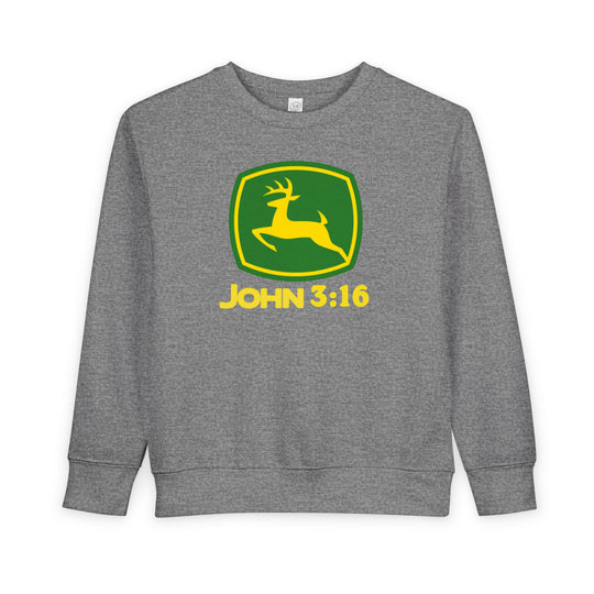 Heather-gray toddler sweatshirt with a parody John Deere logo, featuring John 3:16 text, designed for warmth and durability from a cotton-polyester blend.