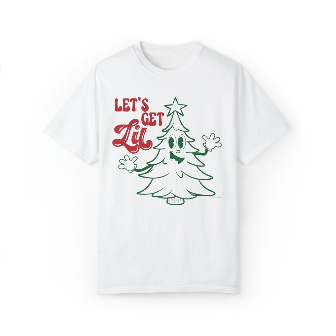 A white t-shirt featuring a cartoon Christmas tree design, part of the Let's Get Lit Tee collection at Worlds Worst Tees. Unisex, relaxed fit, made of 80% ring-spun cotton and 20% polyester.