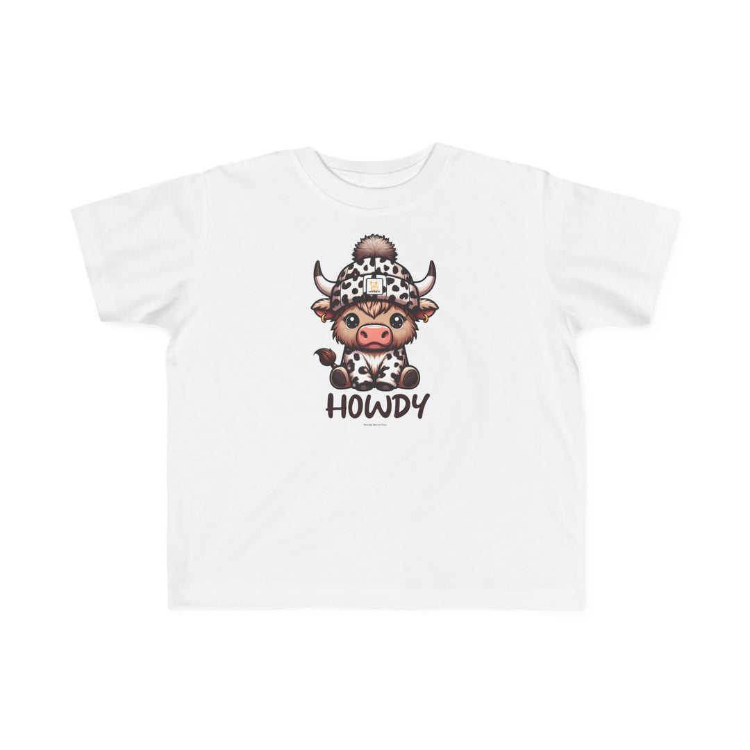 A Howdy Toddler Tee featuring a cartoon cow design on white fabric. Soft 100% combed ringspun cotton, tear-away label, and a classic fit for comfort. Sizes: 2T, 3T, 4T, 5-6T.
