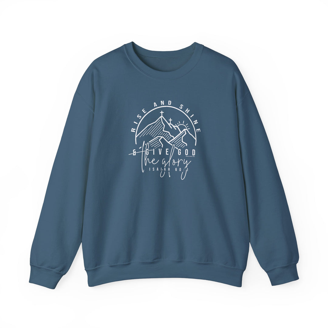 A blue Rise and Shine Crew sweatshirt with white text, ideal for any situation. Unisex heavy blend crewneck made of 50% cotton, 50% polyester, ribbed knit collar, no itchy side seams. Medium-heavy fabric, loose fit, true to size.