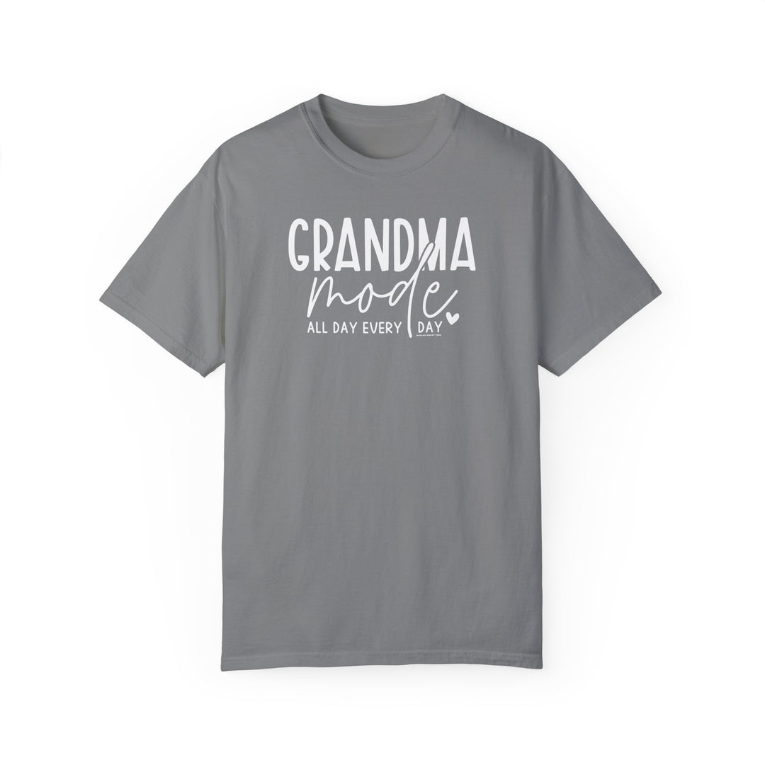 A Grandma Mode Tee: A grey t-shirt with white text, 100% ring-spun cotton, medium weight, relaxed fit, durable double-needle stitching, tubular shape. From Worlds Worst Tees.