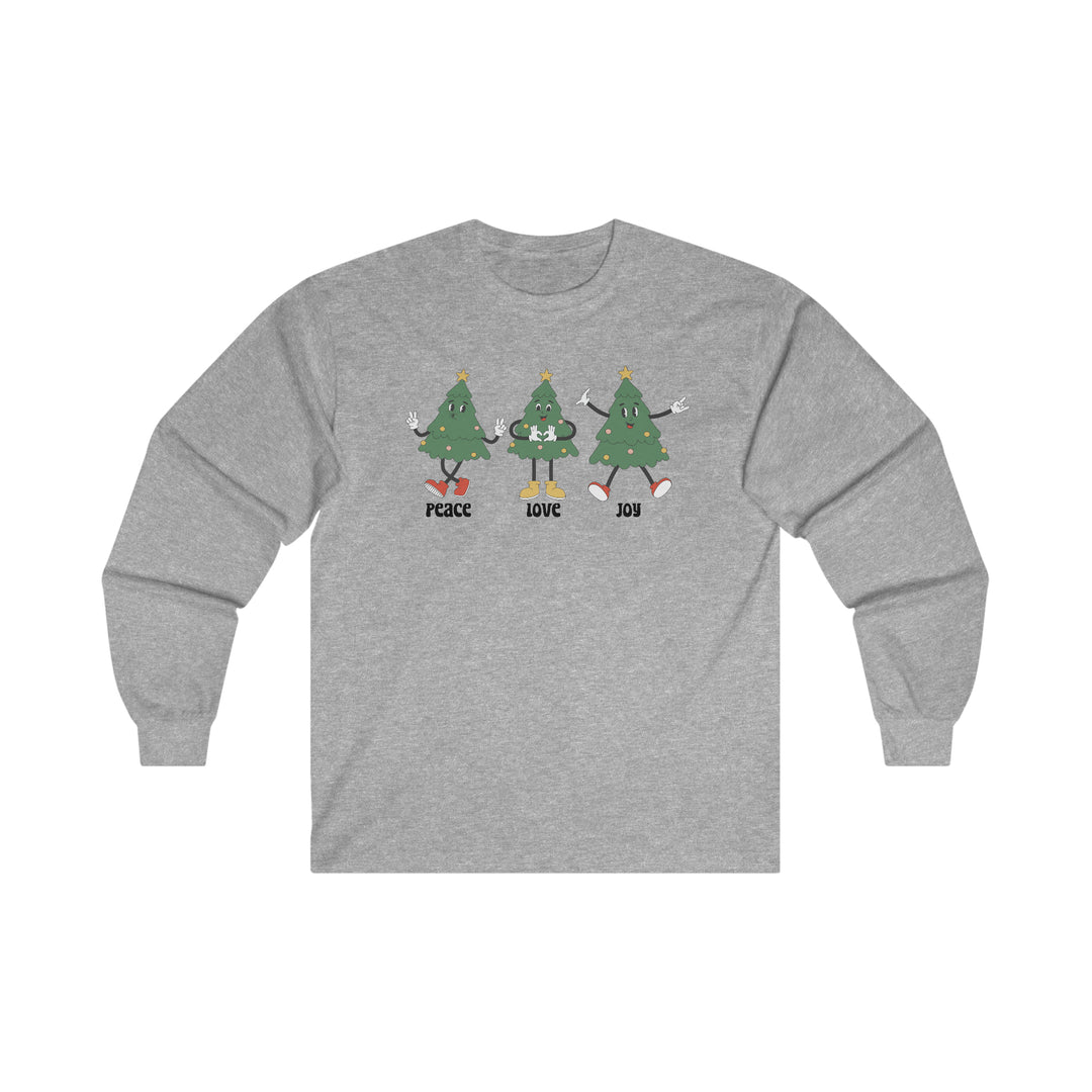 A grey long sleeve tee featuring cartoon trees, embodying a playful yet stylish vibe. Made of 100% environmentally friendly cotton, with a classic fit and durable construction. Product title: Peace Love Joy Long Sleeve Tee.