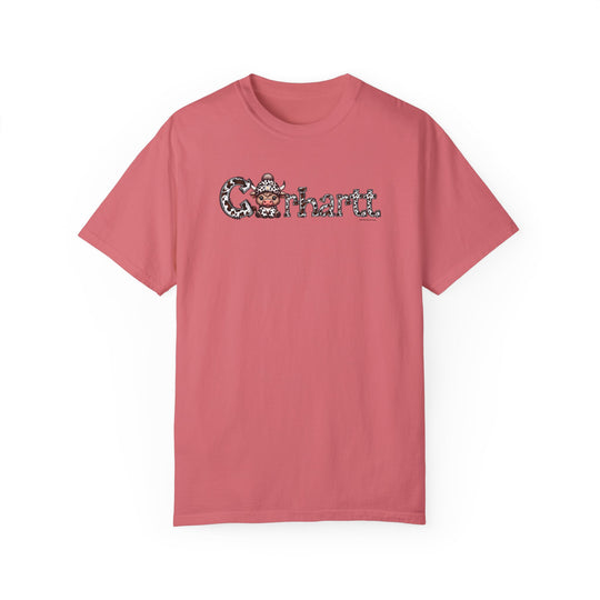 Cowhartt Cow Tee: Pink shirt with cow logo, cartoon cow in hat, and letter C design. 100% ring-spun cotton, garment-dyed, relaxed fit, durable double-needle stitching, no side-seams. Ideal for daily wear.