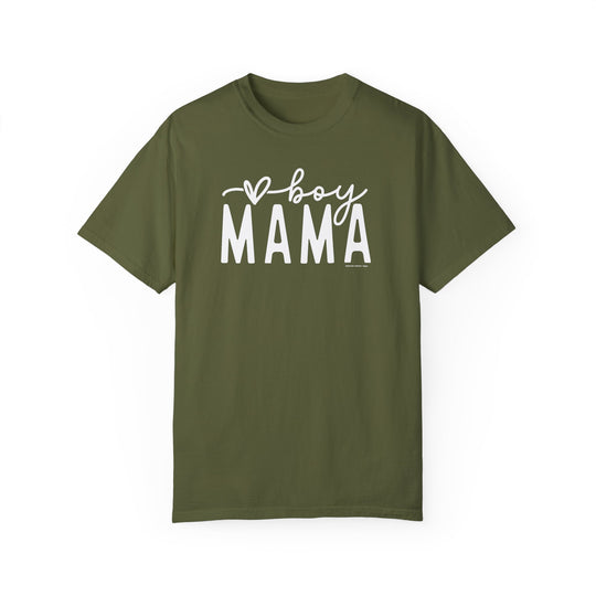 A relaxed fit Boy Mama Tee in green with white text. 100% ring-spun cotton, garment-dyed for coziness. Double-needle stitching for durability, no side-seams for a tubular shape. From Worlds Worst Tees.