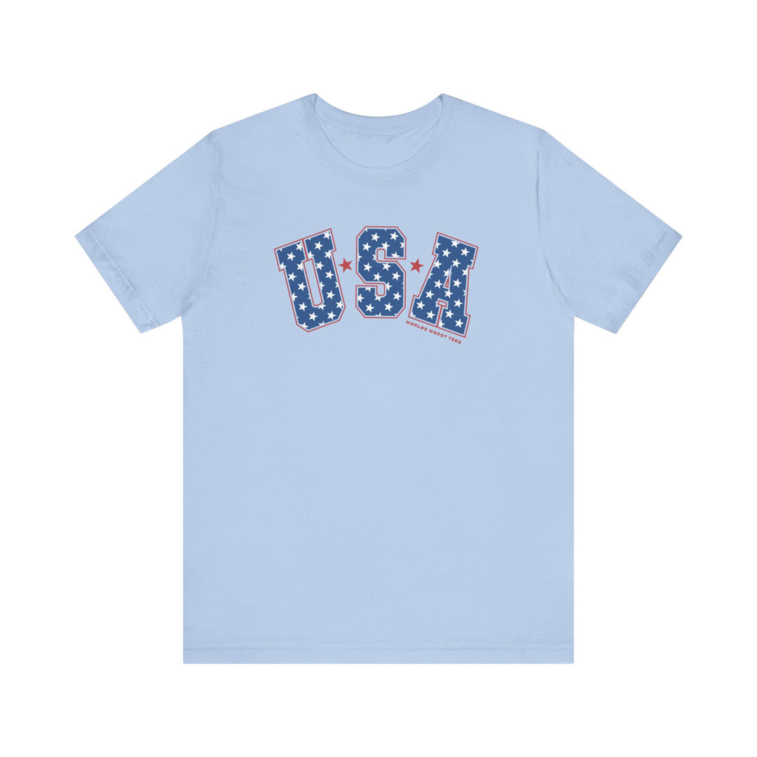 A USA Tee, unisex jersey shirt with red and white stars, 100% cotton, ribbed knit collars, and retail fit. Soft, durable, and stylish.