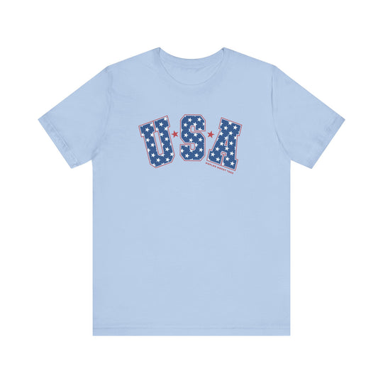 A USA Tee, unisex jersey shirt with red and white stars, 100% cotton, ribbed knit collars, and retail fit. Soft, durable, and stylish.