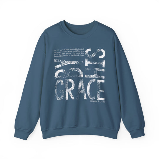 Blue crew-neck sweatshirt with BY GRACE and Romans 3:23-24 printed in white. Made from polyester-cotton blend, ideal for comfort and durability.