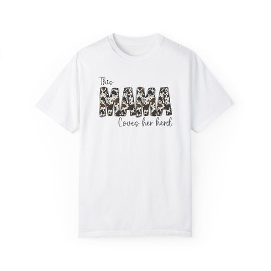A relaxed fit Mama Herd Tee in white, 100% ring-spun cotton. Garment-dyed for coziness, with double-needle stitching for durability. Ideal for daily wear.