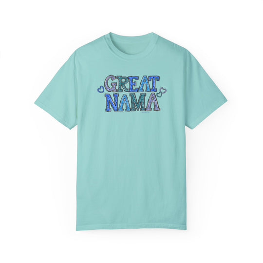Great Nama Tee: Light blue t-shirt with text. 100% ring-spun cotton, garment-dyed for coziness. Relaxed fit, double-needle stitching for durability, no side-seams for shape retention.