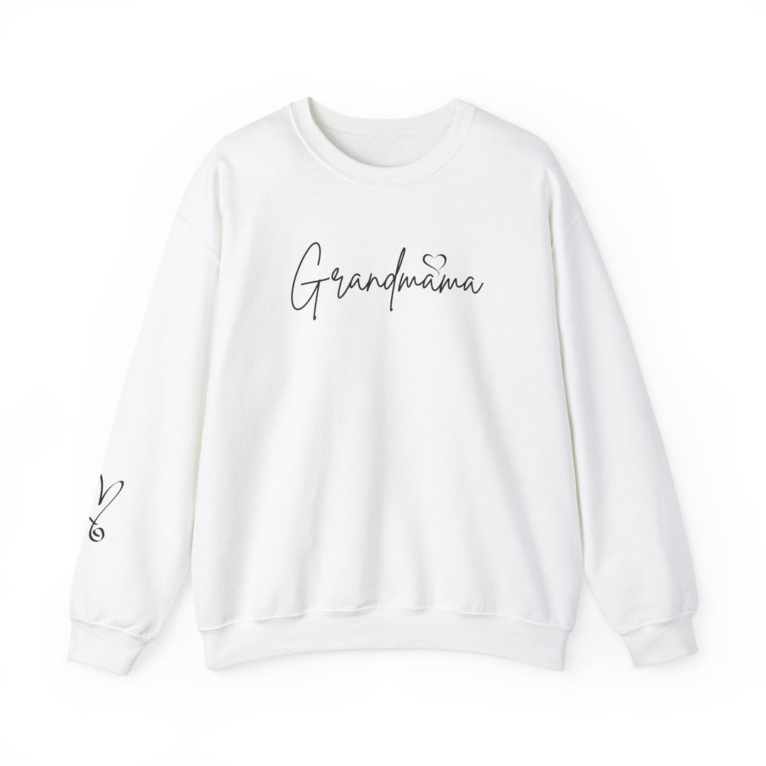 Unisex Grandmama Crew heavy blend sweatshirt, white with black text. Ribbed knit collar, no itchy side seams, loose fit, 50% cotton, 50% polyester, medium-heavy fabric. Sizes S to 5XL.
