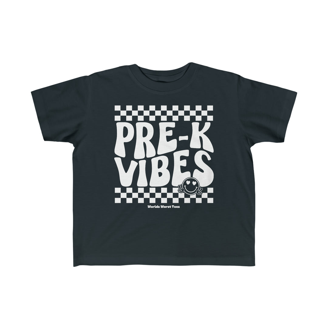 Pre K Vibes Toddler Tee: Black t-shirt with white logo and smiley face design. Soft 100% combed ringspun cotton, light fabric, classic fit, tear-away label. Ideal for toddlers.