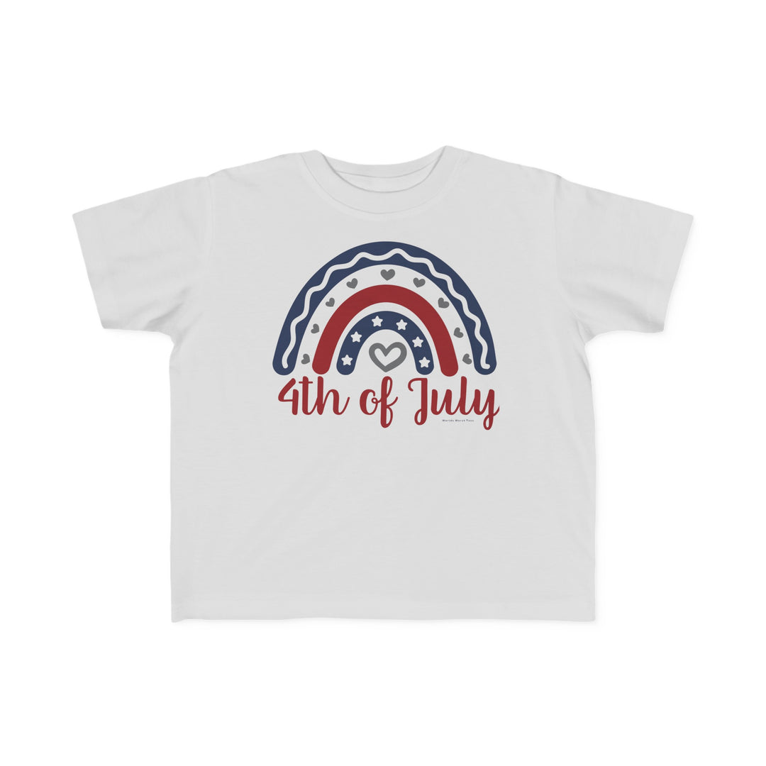A 4th of July Toddler Tee featuring a rainbow heart design on white fabric. Made of 100% combed ringspun cotton, light and durable for sensitive skin. Sizes from 2T to 5-6T.