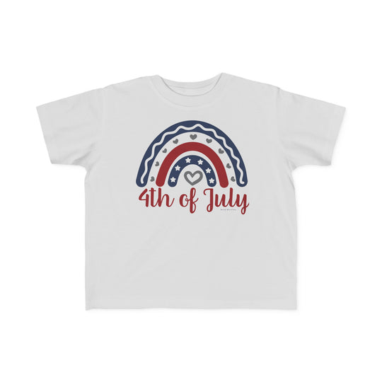 A 4th of July Toddler Tee featuring a rainbow heart design on white fabric. Made of 100% combed ringspun cotton, light and durable for sensitive skin. Sizes from 2T to 5-6T.