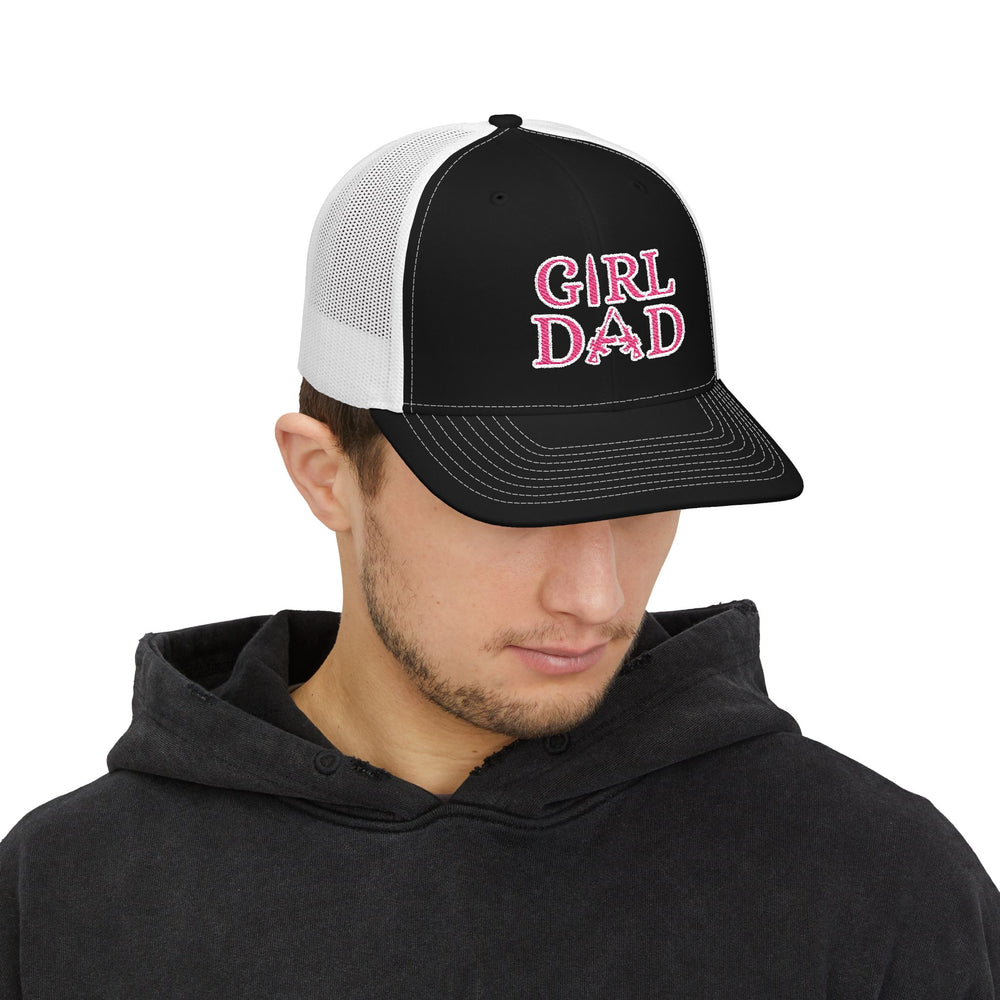 Girl Dad Snapback Trucker Cap (Embroidery) featuring a man wearing a stylish cap with a pre-curved visor, adjustable snap closure, and breathable mesh back.