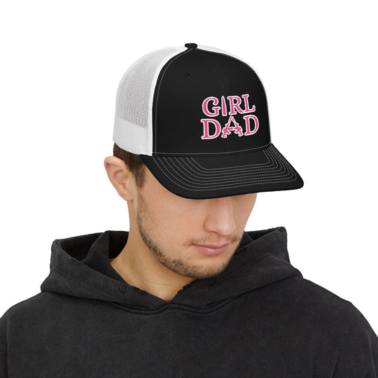 Girl Dad Snapback Trucker Cap (Embroidery) featuring a man wearing a stylish cap with a pre-curved visor, adjustable snap closure, and breathable mesh back.