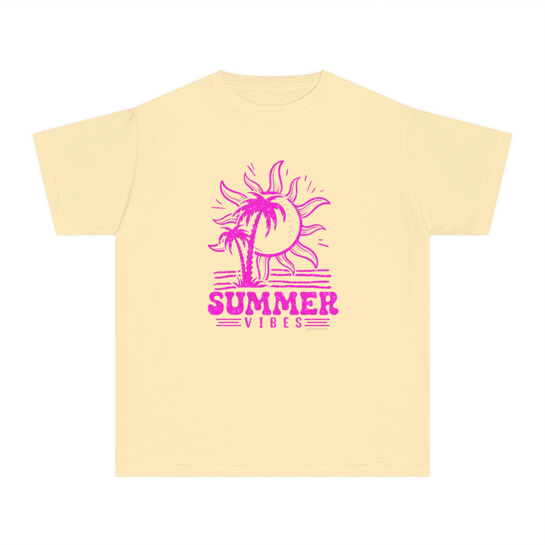 A kid's tee featuring a pink sun and palm trees design, perfect for active days. Made of soft-washed, 100% combed ringspun cotton for comfort. Classic fit for all-day wear. Summer Vibes Kids Tee by Worlds Worst Tees.