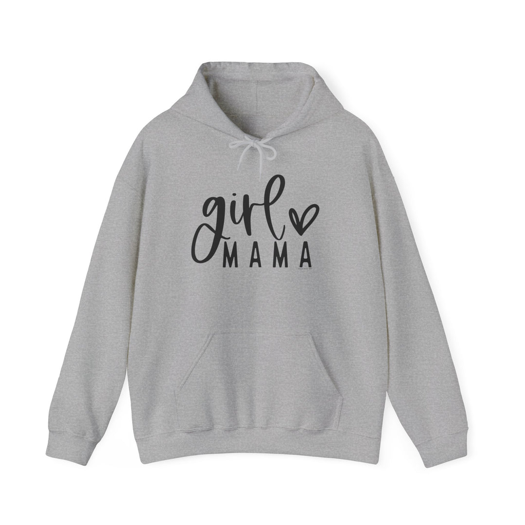 A cozy Girl Mama Hoodie in grey, featuring black text, a kangaroo pocket, and a matching drawstring. Unisex, cotton-polyester blend, medium-heavy fabric for warmth and comfort. Perfect for chilly days.