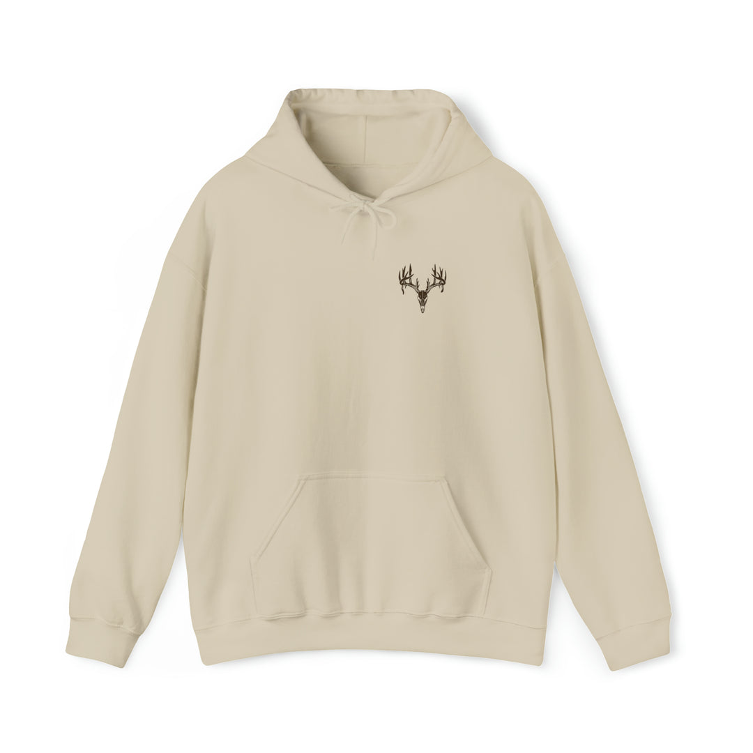 A Tagged Out Sweatshirt featuring a deer head design on a white hoodie. Unisex heavy blend of cotton and polyester, with kangaroo pocket and drawstring hood. Classic fit, tear-away label, runs true to size.