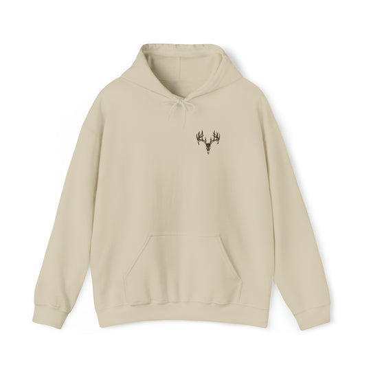 A Tagged Out Sweatshirt featuring a deer head design on a white hoodie. Unisex heavy blend of cotton and polyester, with kangaroo pocket and drawstring hood. Classic fit, tear-away label, runs true to size.