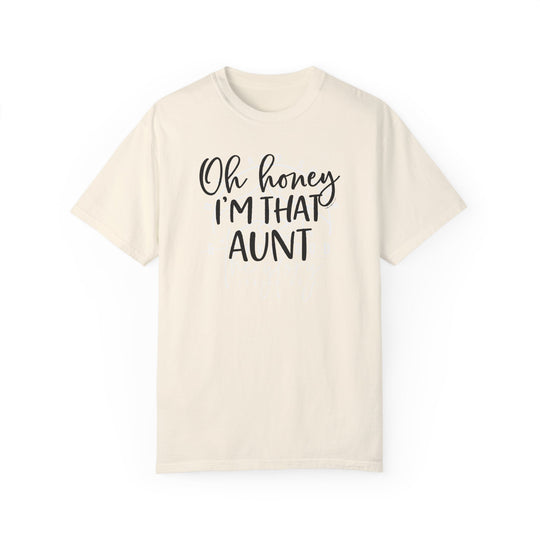Aunt-themed white t-shirt with black text. 100% ring-spun cotton, garment-dyed for coziness. Relaxed fit, durable double-needle stitching, tubular shape. From 'Worlds Worst Tees'.