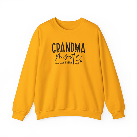 A Grandma Mode Crew unisex sweatshirt in yellow with black text. Made of cotton and polyester blend, ribbed knit collar, no itchy side seams. Medium-heavy fabric, loose fit, true to size.