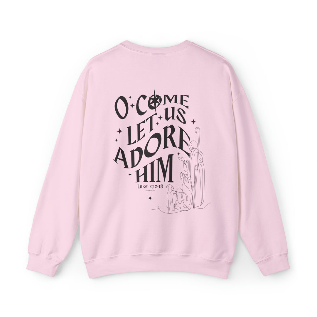 Unisex heavy blend crewneck sweatshirt featuring O come let us adore him Crew design. Medium-heavy fabric, ribbed knit collar, loose fit, sewn-in label. Comfortable and stylish.