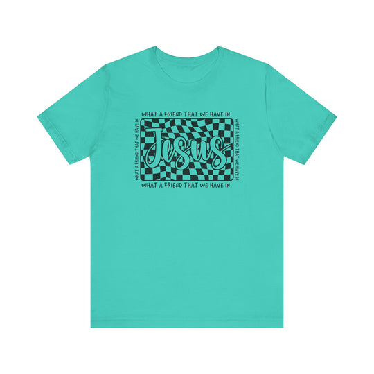 What A Friend We Have in Jesus Tee, a classic unisex jersey with ribbed knit collars, soft cotton, quality print, and dual side seams for lasting shape.