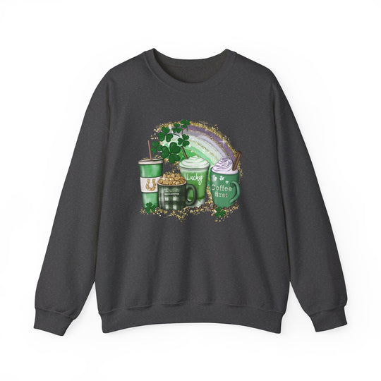 Unisex Lucky Coffee Crew sweatshirt featuring a rainbow and coffee cups design. Polyester-cotton blend, ribbed knit collar, no itchy side seams. Comfortable, medium-heavy fabric in various sizes.