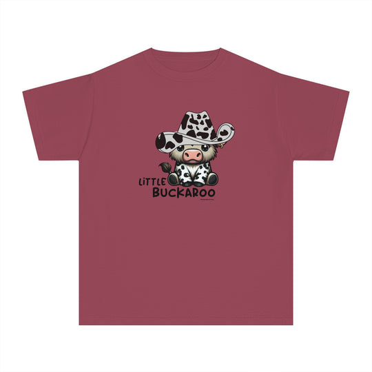 Buckaroo Kids Tee: Red shirt featuring a cow in a cowboy hat. Ideal for active kids, made of soft combed cotton for comfort and agility. Classic fit, perfect for all-day wear.