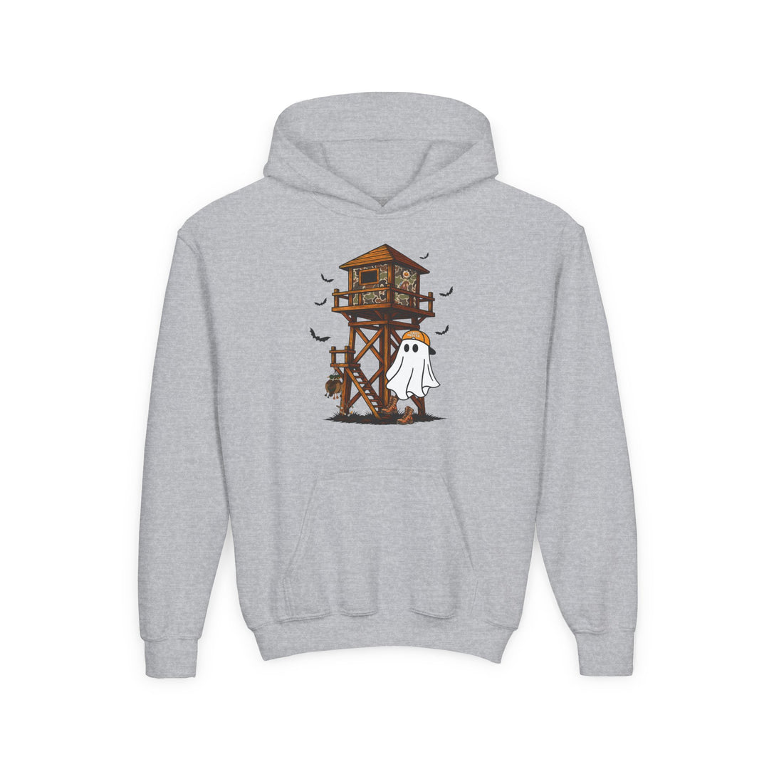 Ghost Hunter Youth Hoodie: Light-gray hoodie with Halloween-themed illustration of a ghost in an orange cap by a camouflaged hunting stand with bats. Cozy, soft fleece fabric.