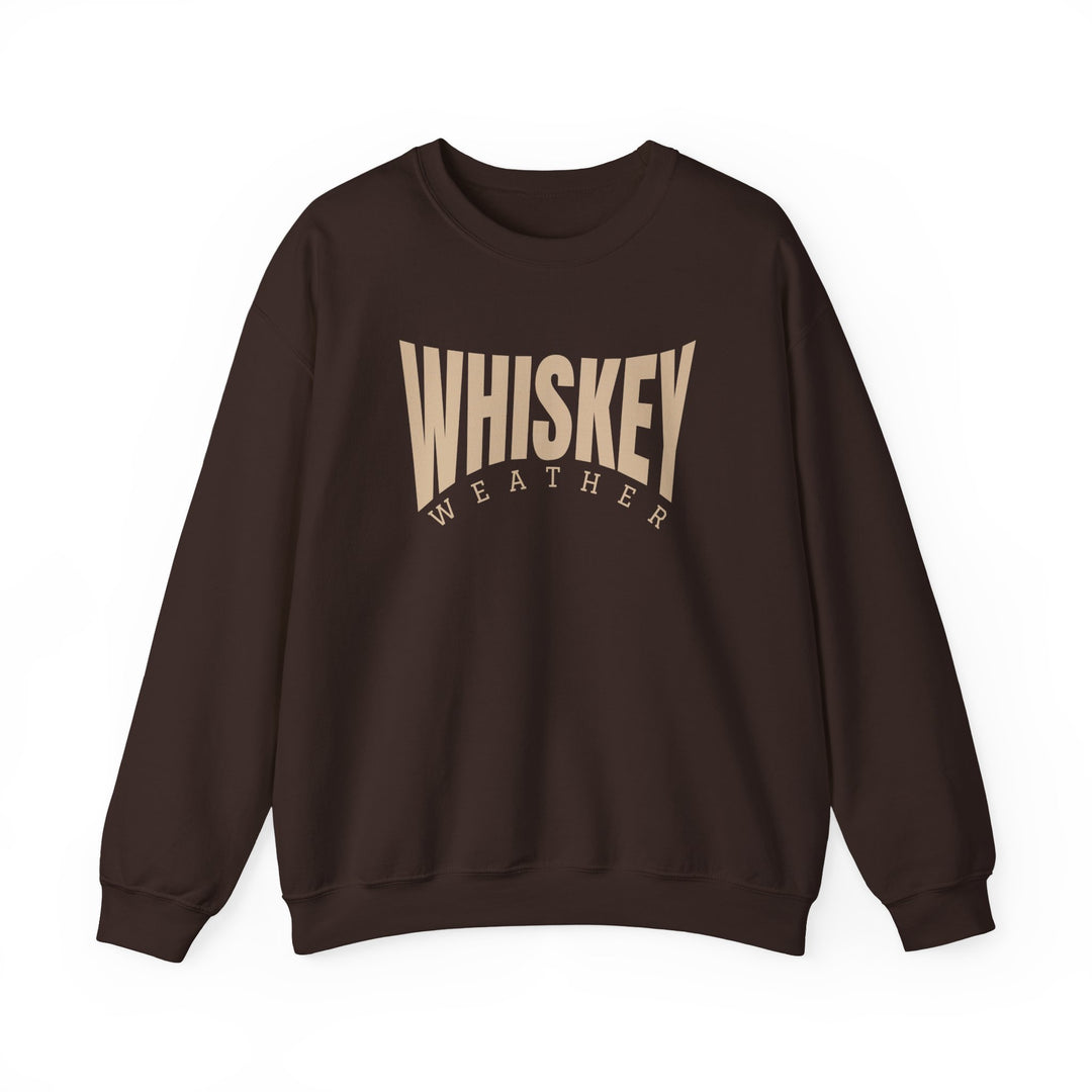Dark brown crewneck sweatshirt with WHISKEY WEATHER in beige lettering, featuring ribbed cuffs and hem, ideal for cozy, stylish wear.