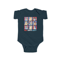 A blue baby bodysuit featuring cartoon characters, ideal for infants. Made of 100% cotton, with ribbed knitting for durability and plastic snaps for easy changing. From Worlds Worst Tees.