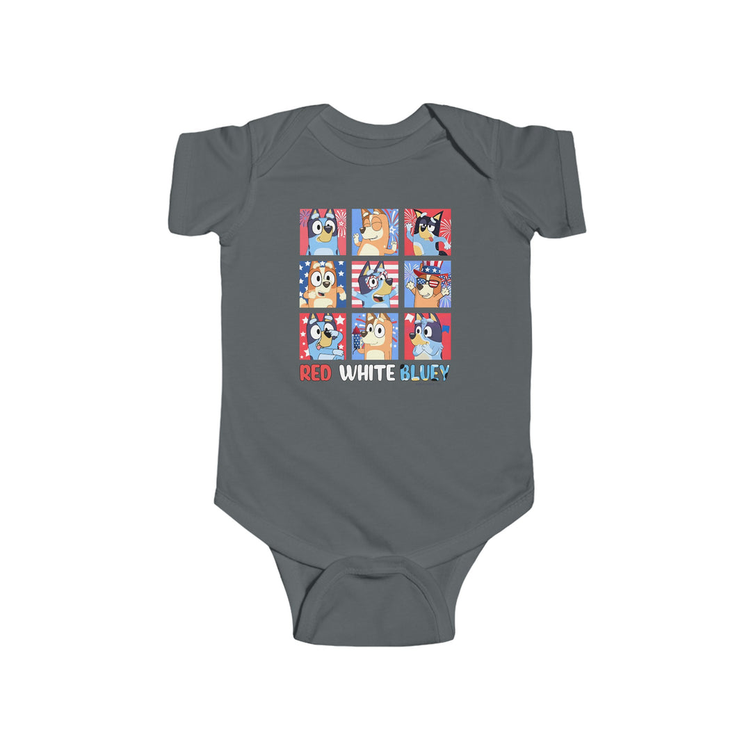 A grey baby bodysuit featuring cartoon characters like dogs and owls, perfect for infants. Made of soft 100% cotton fabric with ribbed bindings and plastic snaps for easy changes. From Worlds Worst Tees.