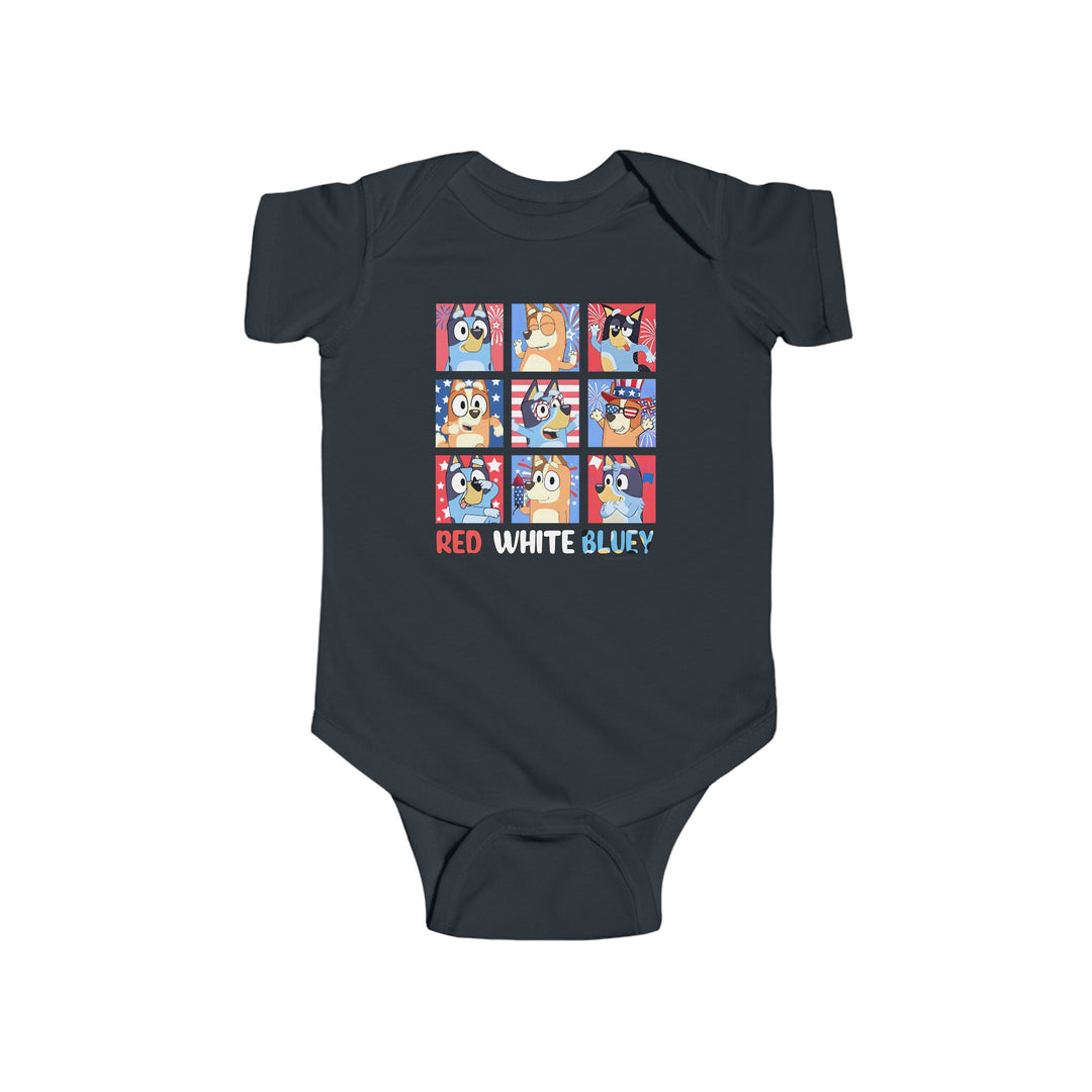 A baby bodysuit featuring cartoon characters, including dogs and animals, in a playful design. Made of 100% cotton for durability and softness, with ribbed knitting for strength and plastic snaps for easy changing access. From Worlds Worst Tees.