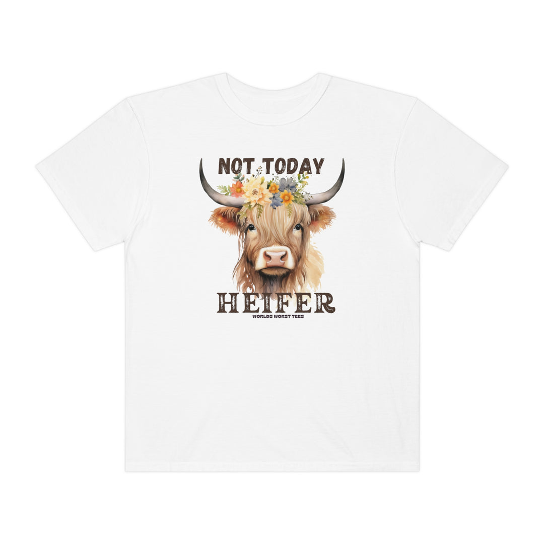 A relaxed fit Not Today Heifer Tee, featuring a cow with flowers design on a white shirt. Made of 100% ring-spun cotton for durability and comfort. Ideal for daily wear.