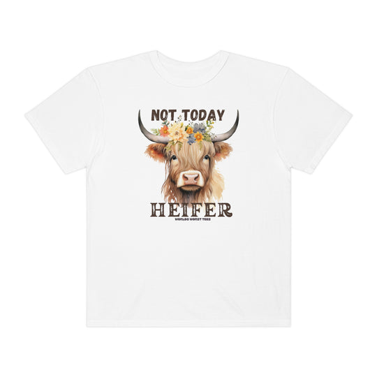 A relaxed fit Not Today Heifer Tee, featuring a cow with flowers design on a white shirt. Made of 100% ring-spun cotton for durability and comfort. Ideal for daily wear.