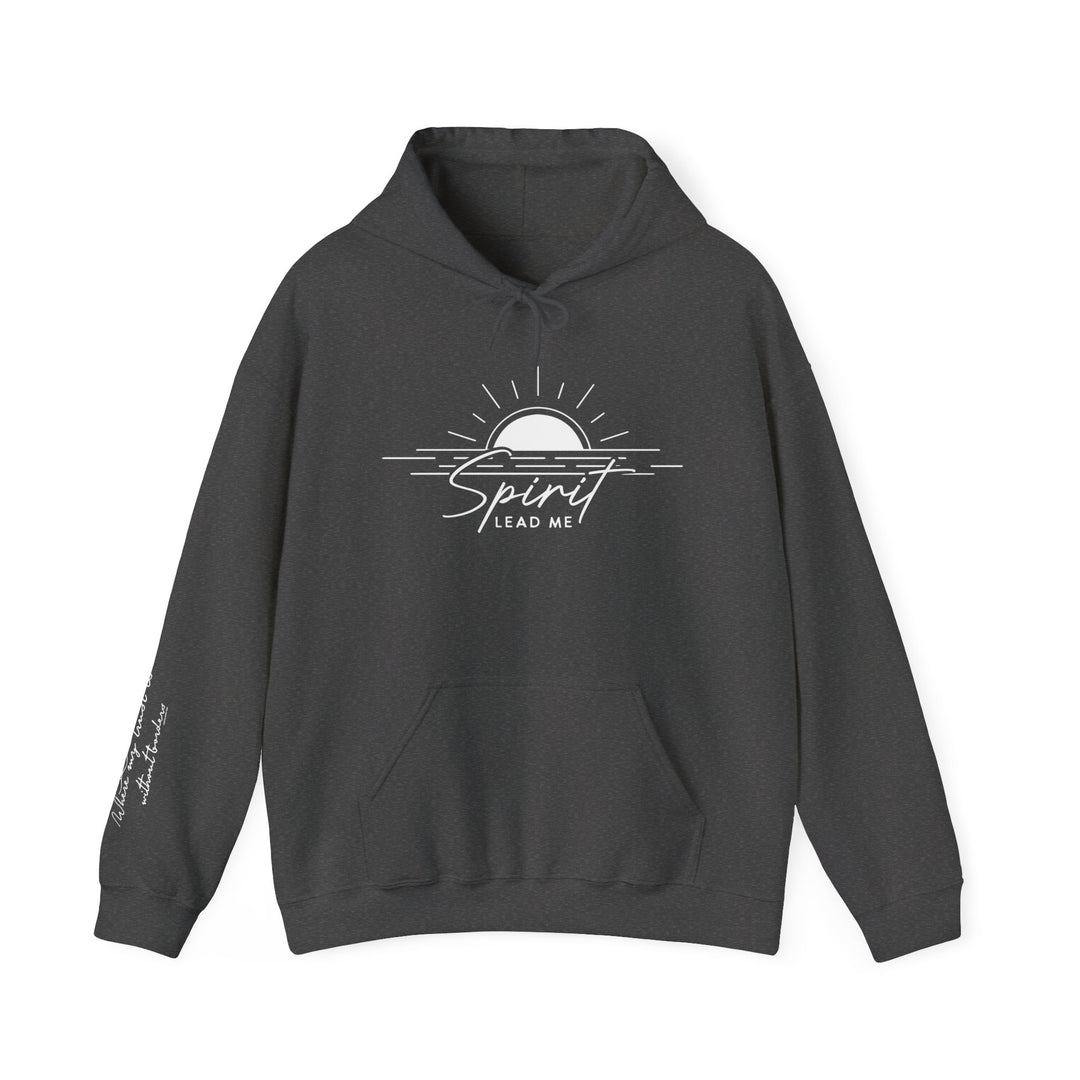 A black Spirit Lead Me Hoodie with white text, featuring a sun and water logo on the front. Unisex heavy blend hooded sweatshirt made of 50% cotton, 50% polyester, with a kangaroo pocket and matching drawstring.