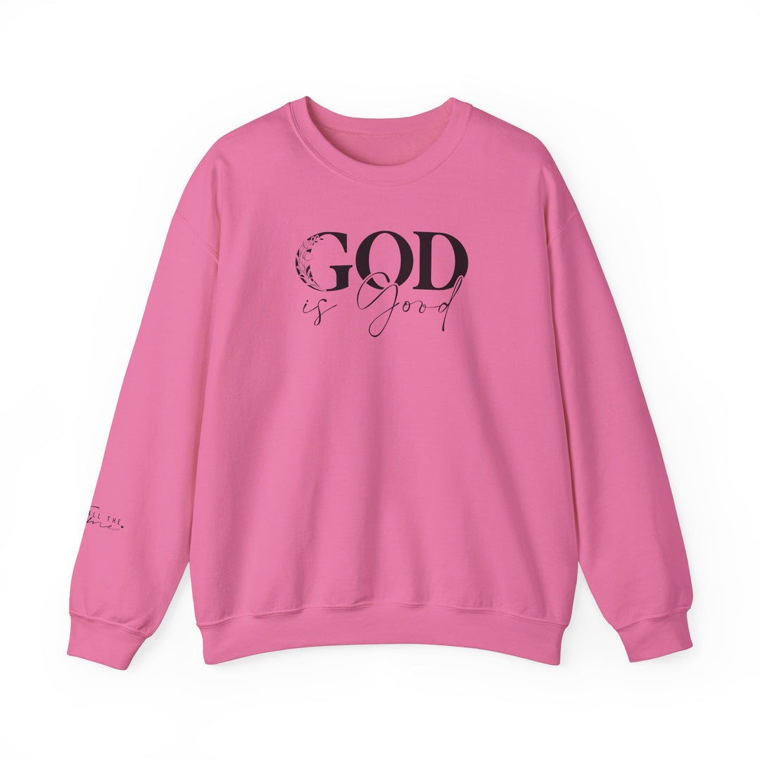A unisex heavy blend crewneck sweatshirt featuring God is Good Crew design. Made from 50% cotton and 50% polyester, with ribbed knit collar and double-needle stitching for durability. Ethically grown US cotton.