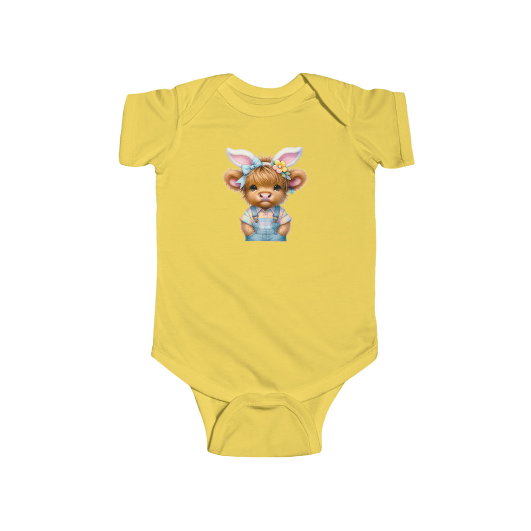 A yellow baby bodysuit featuring a cartoon cow with bunny ears, perfect for Easter fun. Made of 100% cotton, with ribbed knitting for durability and plastic snaps for easy changing. From Worlds Worst Tees.