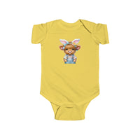A yellow baby bodysuit featuring a cartoon cow with bunny ears, perfect for Easter fun. Made of 100% cotton, with ribbed knitting for durability and plastic snaps for easy changing. From Worlds Worst Tees.