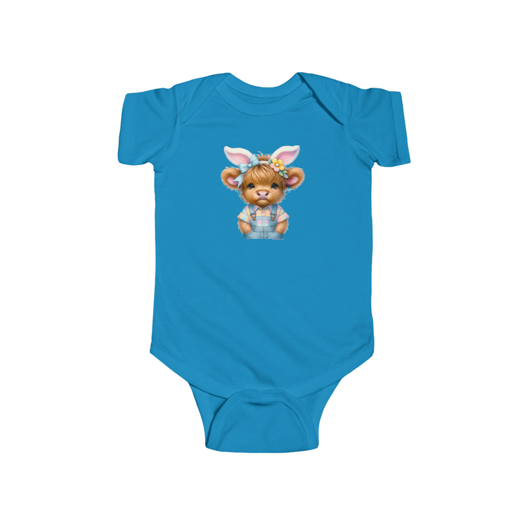 A durable and soft Easter Cow Onesie for infants, featuring a cartoon cow design. Made of 100% cotton, with ribbed knitting for durability and plastic snaps for easy changing access. Sizes range from NB to 24M.