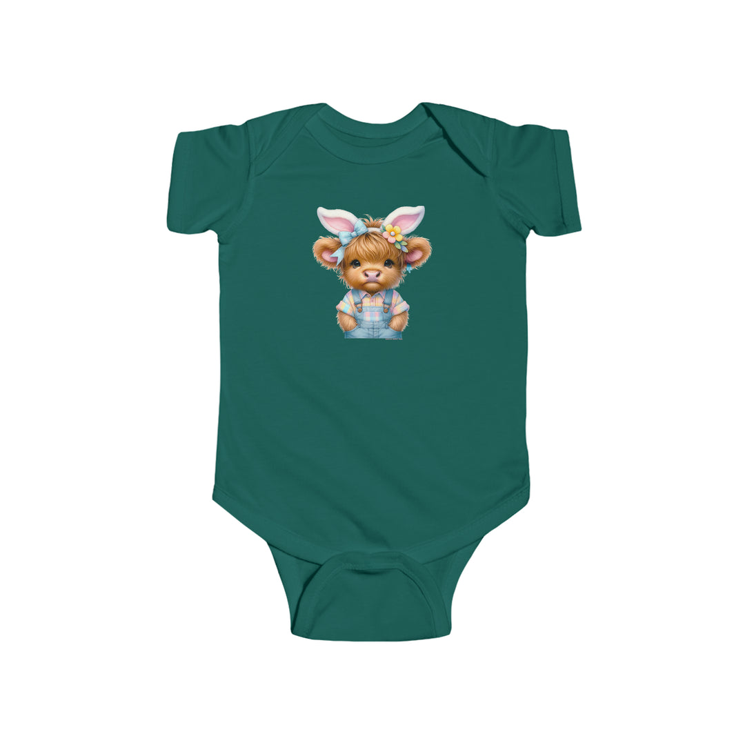 A green baby bodysuit featuring a cartoon cow with bunny ears, perfect for Easter. Made of 100% cotton, with ribbed knitting for durability and plastic snaps for easy changing access. From Worlds Worst Tees.
