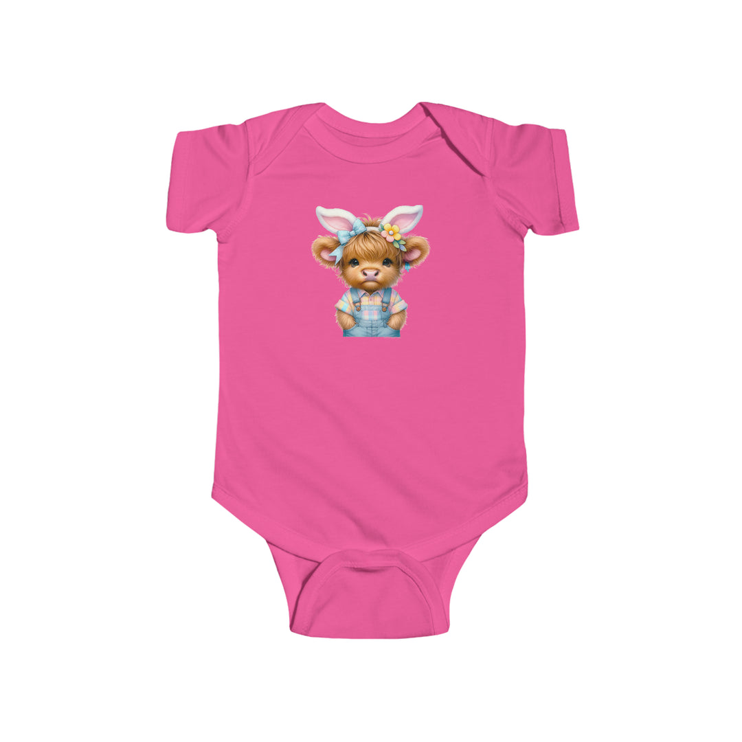 Infant Easter Cow Onesie, a pink bodysuit with cartoon cow design. 100% cotton, light fabric, ribbed knit bindings, plastic snaps for easy changing. From Worlds Worst Tees.