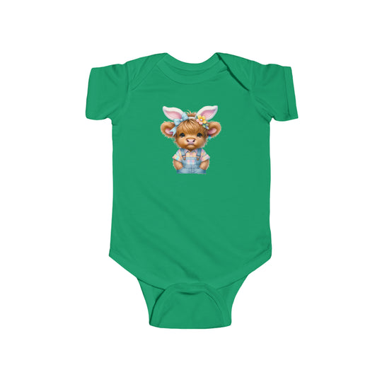 A green baby bodysuit featuring a cartoon cow in bunny ears, perfect for Easter. Made of 100% cotton, with ribbed bindings and plastic snaps for easy changes. From Worlds Worst Tees.