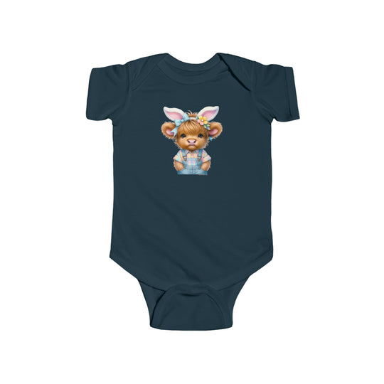 Infant fine jersey bodysuit featuring a cartoon cow with bunny ears, perfect for Easter. Made of 100% cotton, with ribbed bindings and plastic snaps for easy changes. From Worlds Worst Tees.