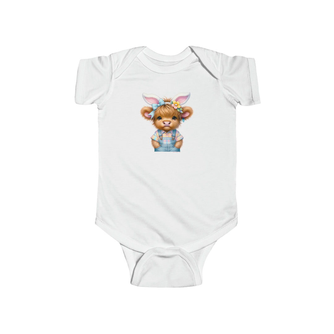 Infant Easter Cow Onesie with cartoon bear and cow designs, ideal for 0-24M. 100% cotton, ribbed knit bindings, and plastic snaps for easy changing. From Worlds Worst Tees.