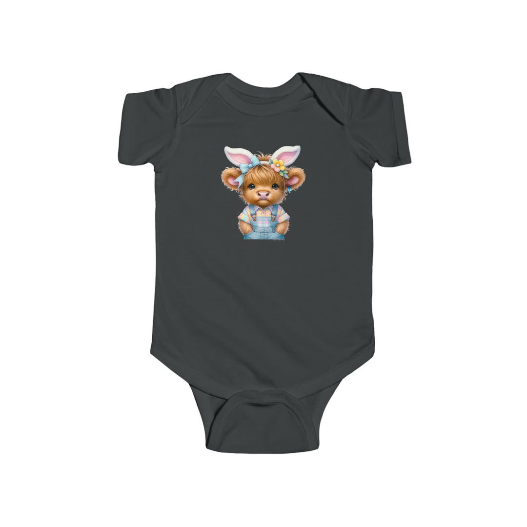 Infant Easter Cow Onesie: A grey bodysuit featuring a cartoon cow in bunny ears. 100% cotton, ribbed knit bindings, and plastic snaps for easy changing access. From Worlds Worst Tees.